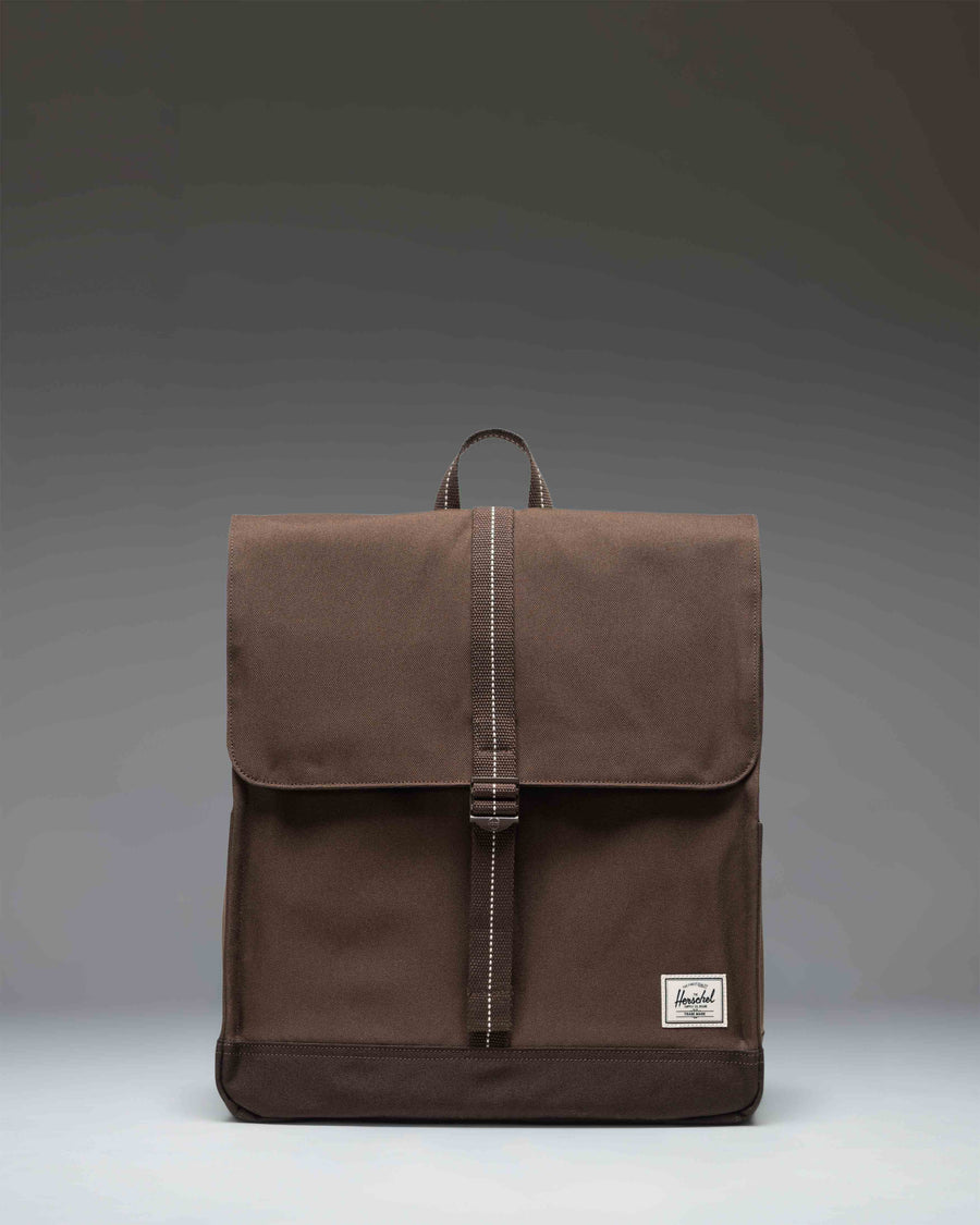 Herschel Supply Co. City Backpack in Brown Slate/Delicioso showing the front view with a single rubber strap closure.