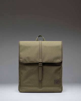 Herschel Supply Co. City Backpack in Ivy Green Diamond pattern featuring a slim design with a single strap closure and a front storage sleeve.