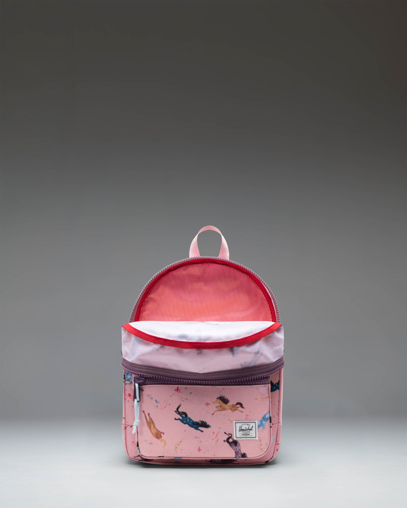 Herschel Heritage Kids Backpack in Wild Horses, featuring a brown and tan horse pattern on a blue background with a brown diamond accent.