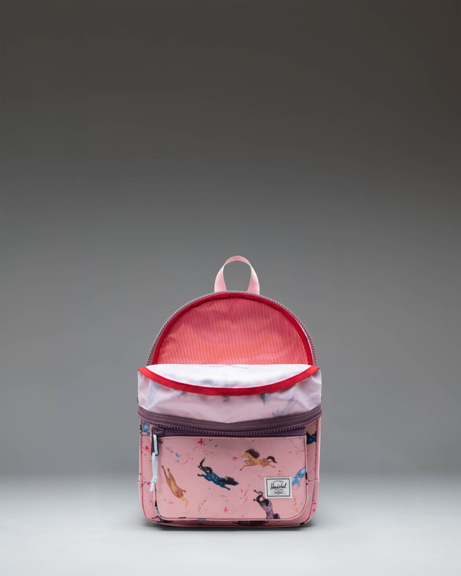 Herschel Heritage Kids Backpack in Wild Horses, featuring a brown and tan horse pattern on a blue background with a brown diamond accent.