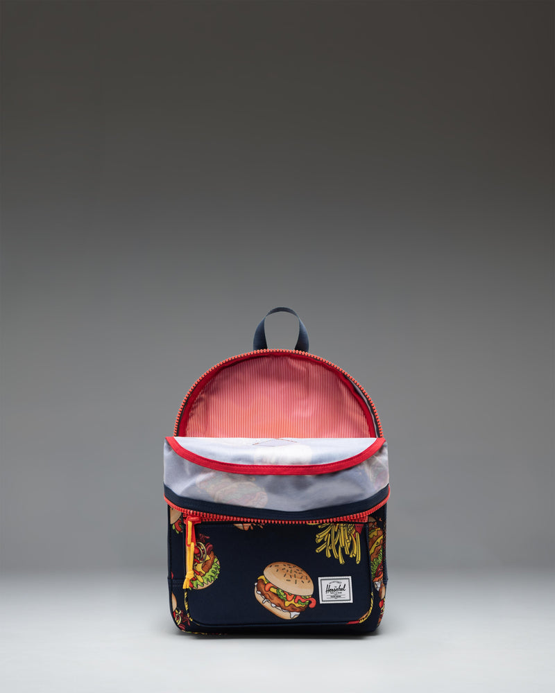 Herschel Supply Co. Kids Heritage Backpack in a two-tone color block design, featuring a classic front pocket and diamond detail accents.