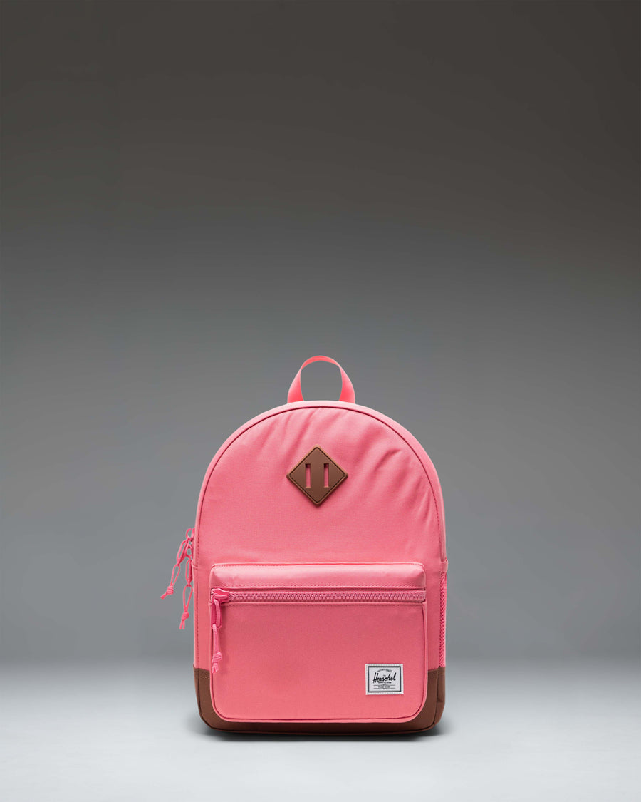 Herschel Heritage Kids Backpack in Confetti/Saddle Brown featuring a speckled pattern, diamond detail, and light brown shoulder straps.