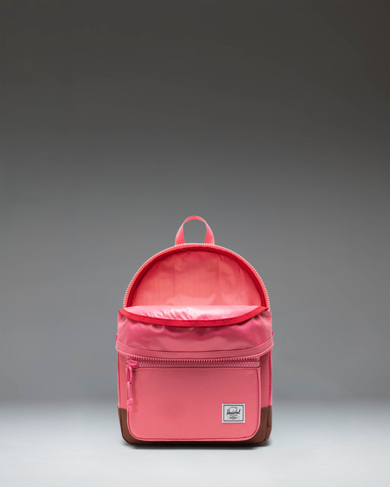 Herschel Heritage Kids Backpack in Confetti/Saddle Brown featuring a colorful speckled pattern and light brown accents.