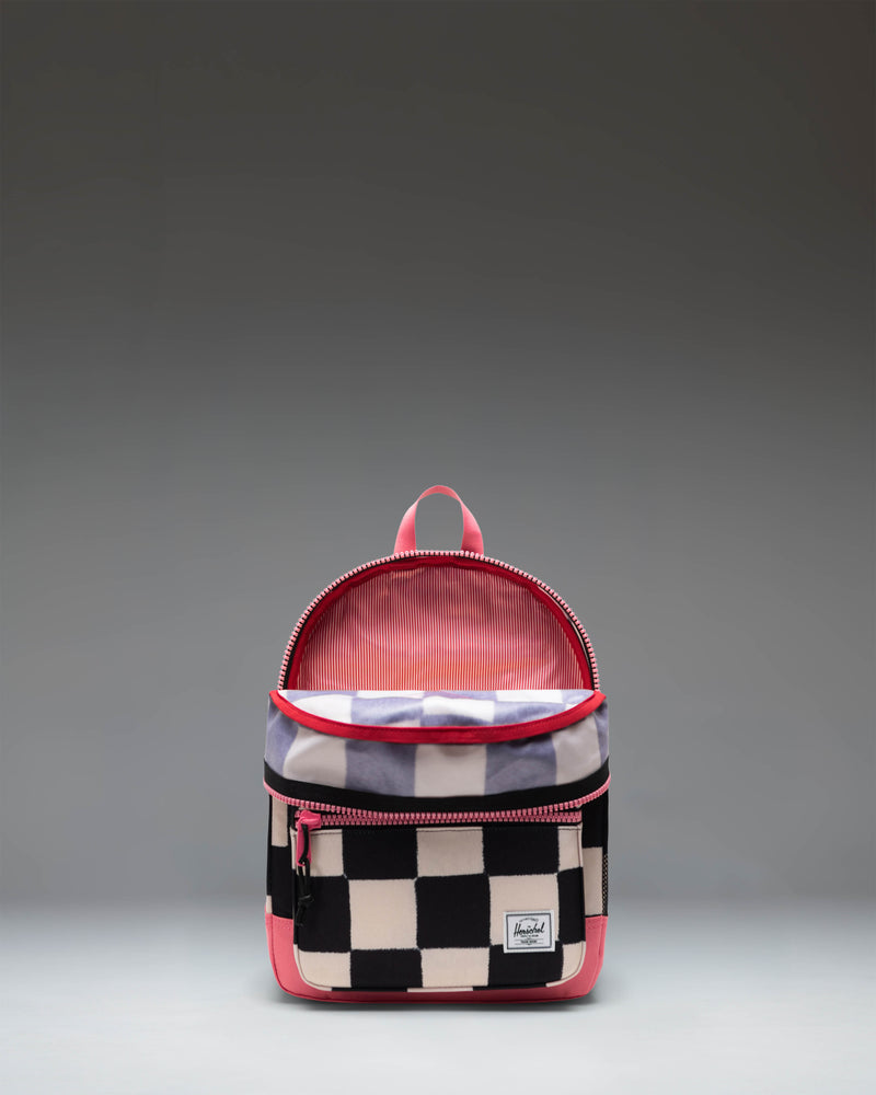 Herschel Heritage Kids Backpack in the colorful Check This Confetti print, featuring a classic design with front pocket and shoulder straps.
