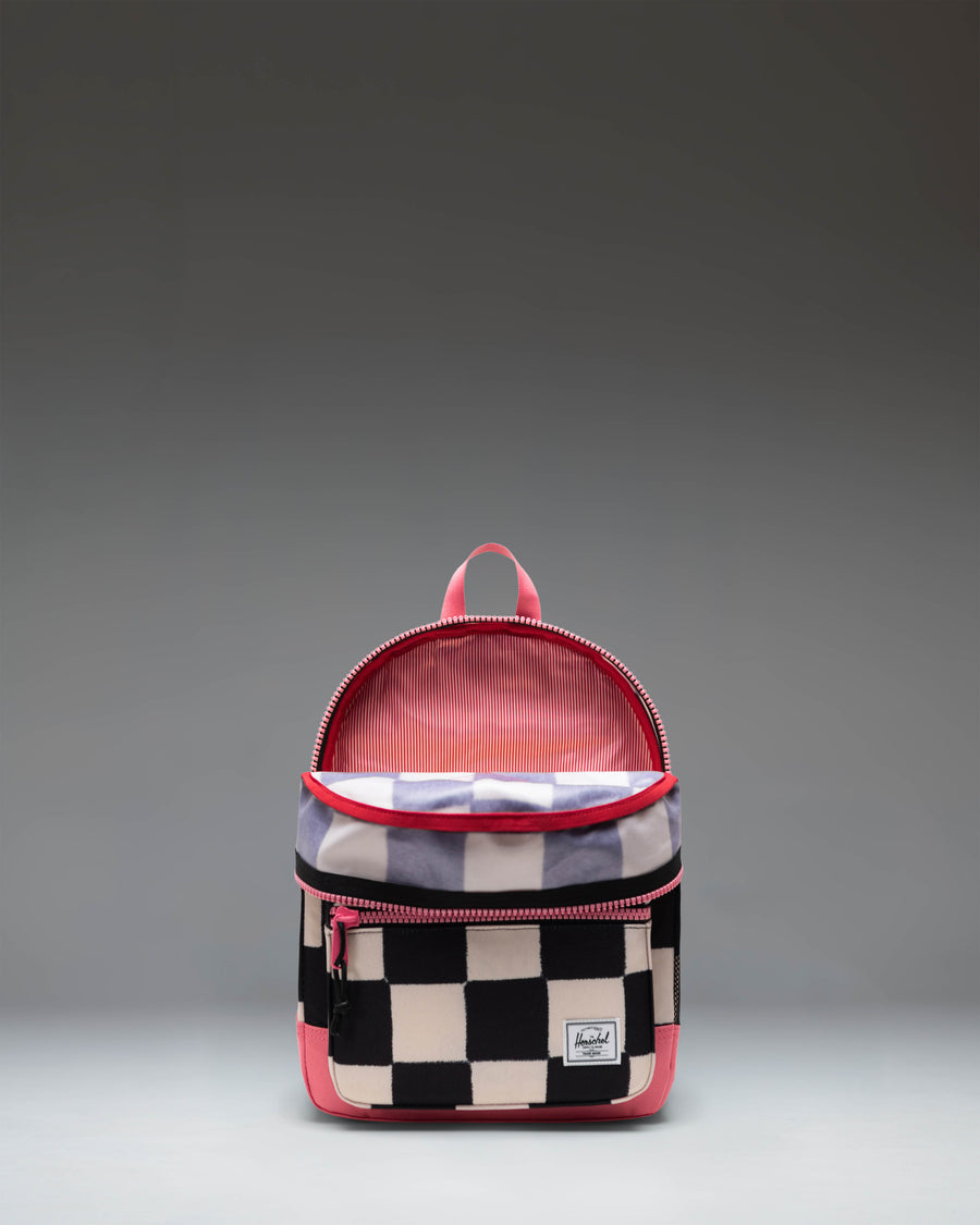 Herschel Heritage Kids Backpack in the colorful Check This Confetti print, featuring a classic design with front pocket and shoulder straps.