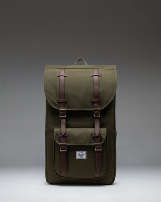 Herschel Little America Backpack in Ivy Green, featuring a classic mountaineering design with dual magnetic strap closures.
