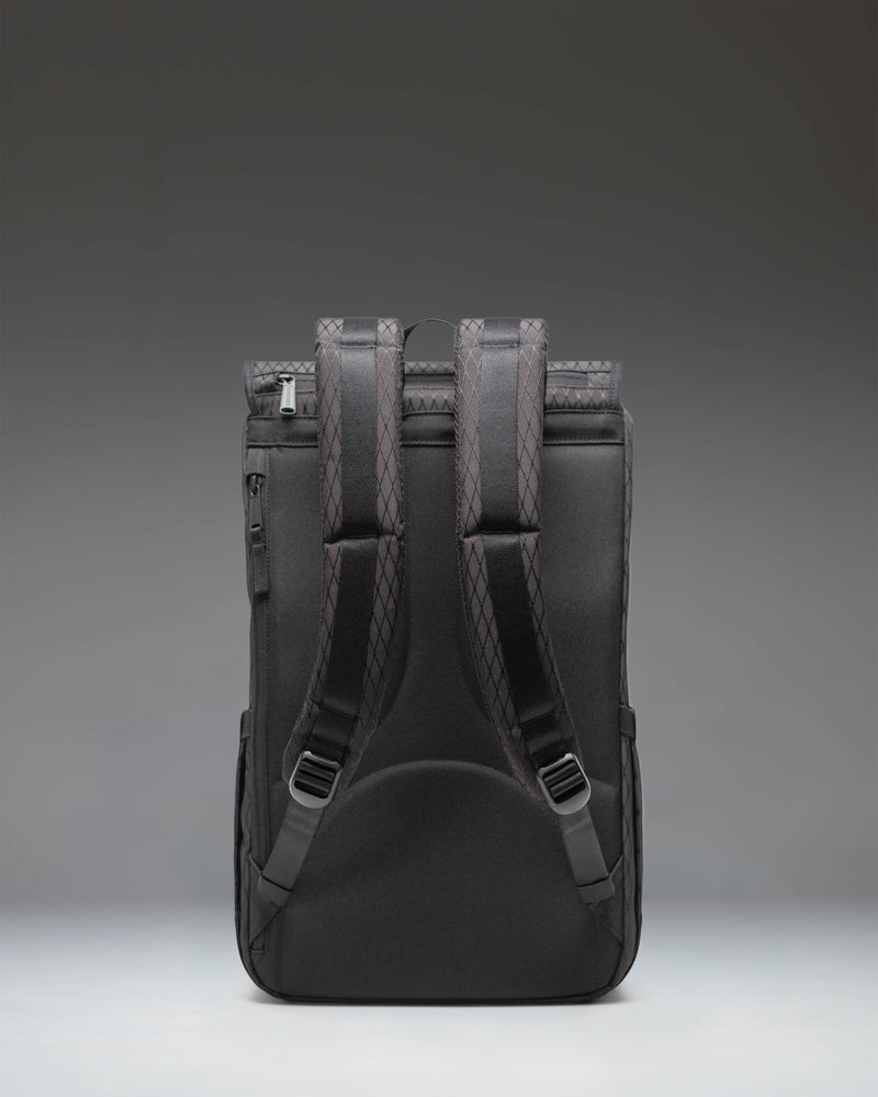Herschel Little America Backpack in Black Diamond/Black, featuring a classic mountaineering design with front straps and a woven label.