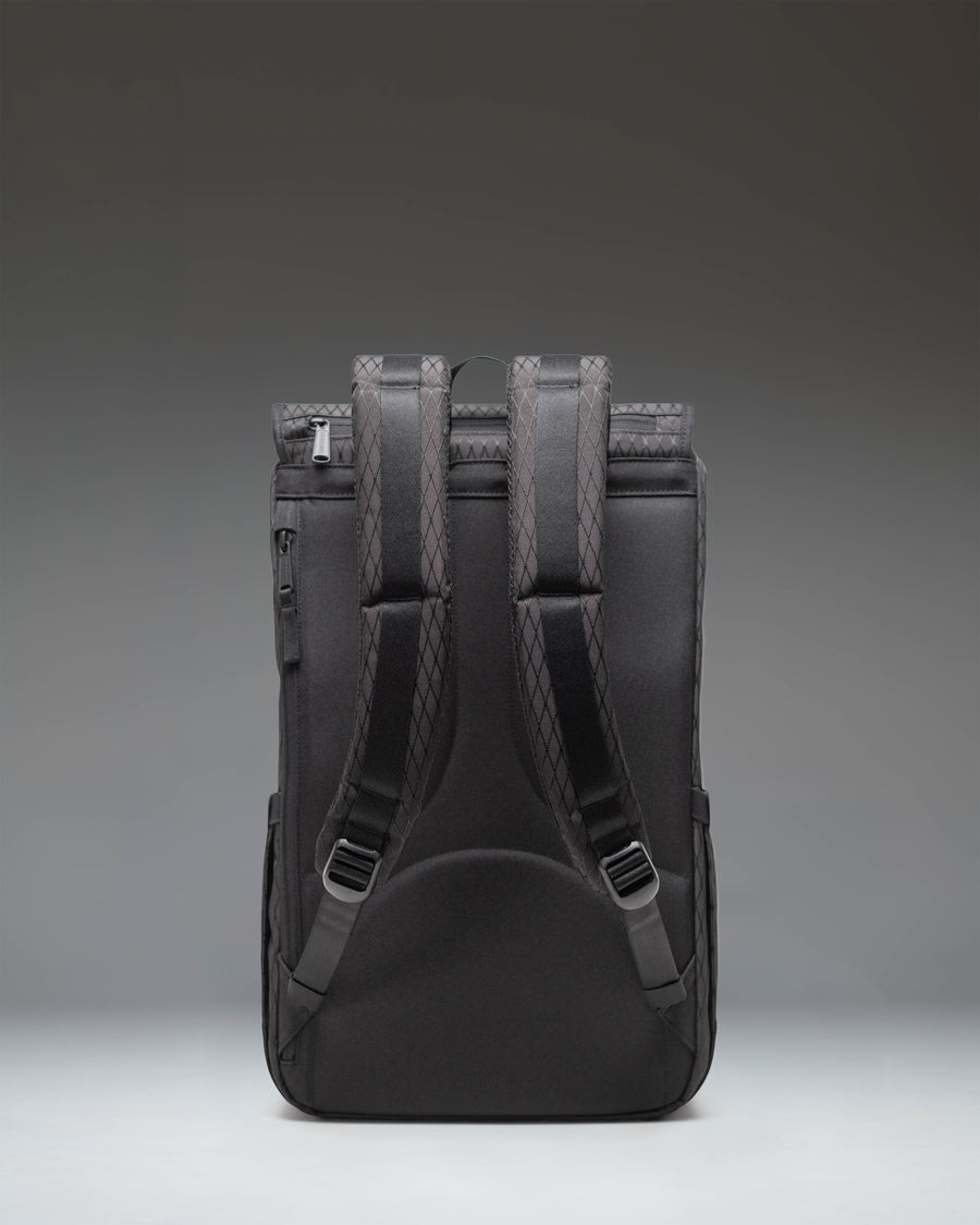 Herschel Little America Backpack in Black Diamond/Black, featuring a classic mountaineering design with front straps and a woven label.