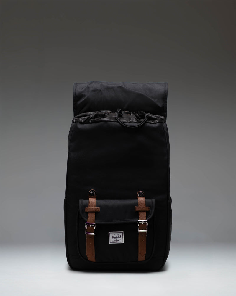 Herschel Little America Mid Backpack in black, featuring a classic mountain-style design with dual rubber straps and a front storage pocket.