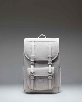 Herschel Little America Mid Backpack in Grey Crosshatch, featuring a front view with black rubber straps and a classic woven label.