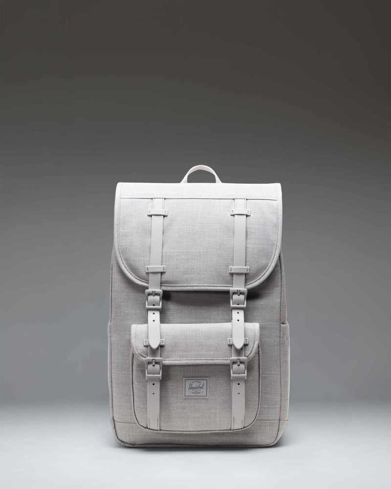 Herschel Little America Mid Backpack in Grey Crosshatch, featuring a front view with black rubber straps and a classic woven label.