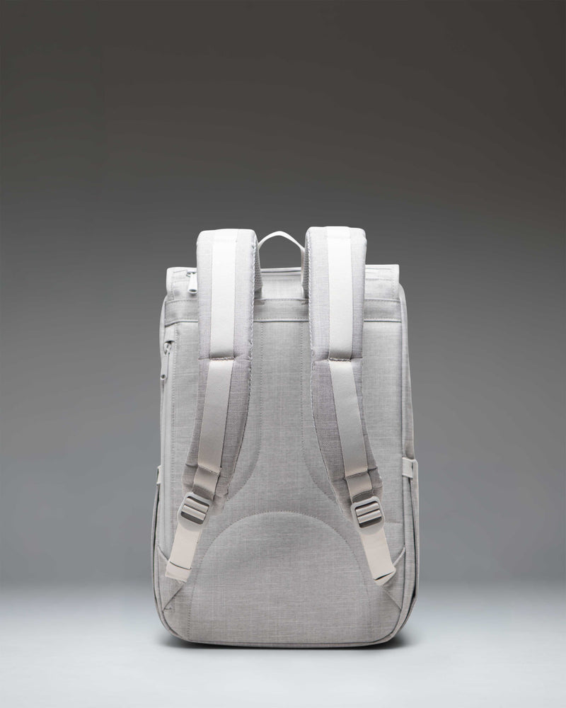 Herschel Little America Mid Backpack in Grey Crosshatch with dual fastening straps and a front storage pocket.