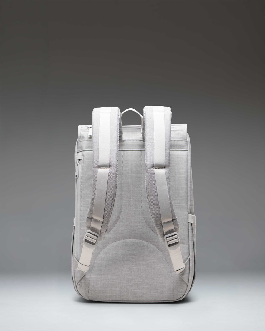 Herschel Little America Mid Backpack in Grey Crosshatch with dual fastening straps and a front storage pocket.