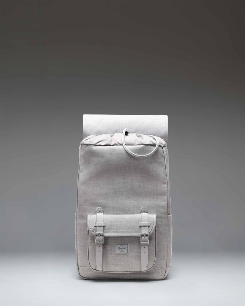Herschel Little America Mid Backpack in Grey Crosshatch showing a detailed view of the classic mountaineering design and strap closures.