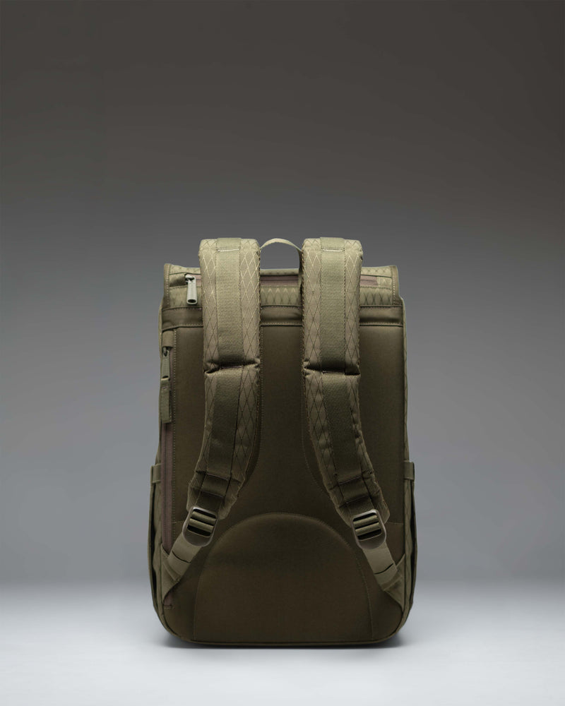 Herschel Little America Mid Backpack in Ivy Green Diamond featuring a classic mountaineering design with dual brown rubber straps.