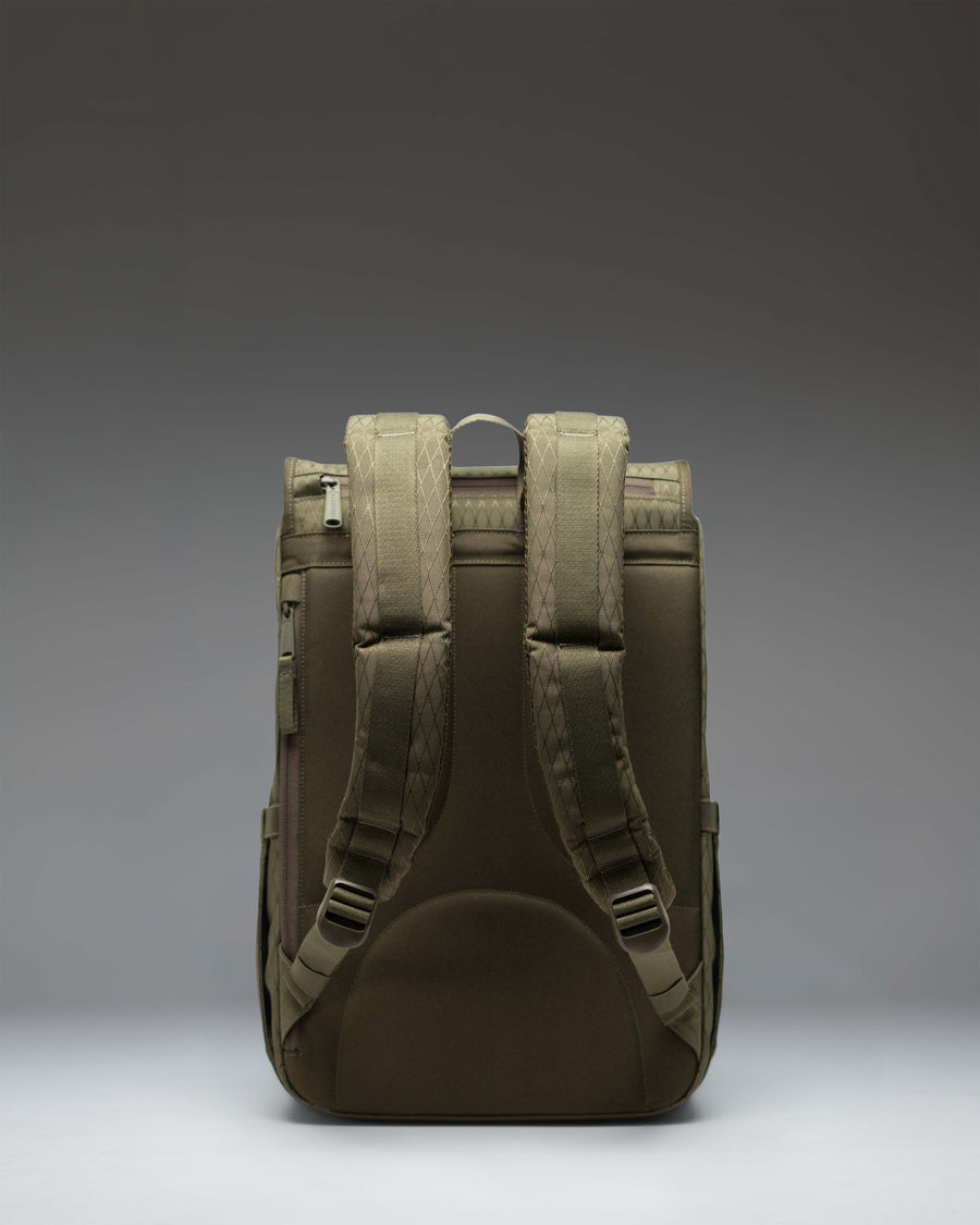 Herschel Little America Mid Backpack in Ivy Green Diamond featuring a classic mountaineering design with dual brown rubber straps.