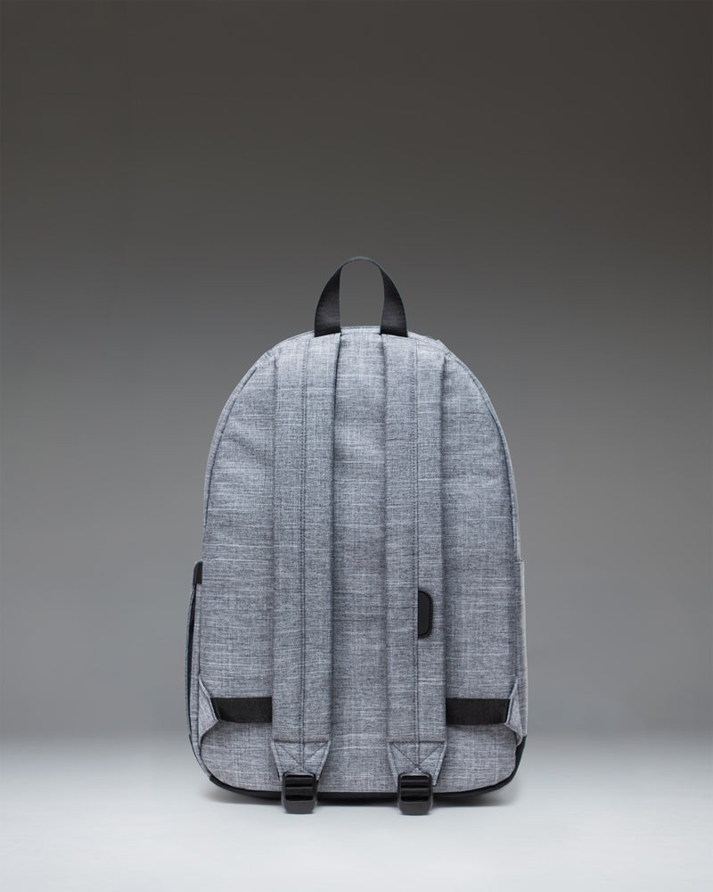 Herschel Supply Co. Pop Quiz Backpack in Raven Crosshatch grey featuring a front pocket with a waterproof zipper and classic woven label.
