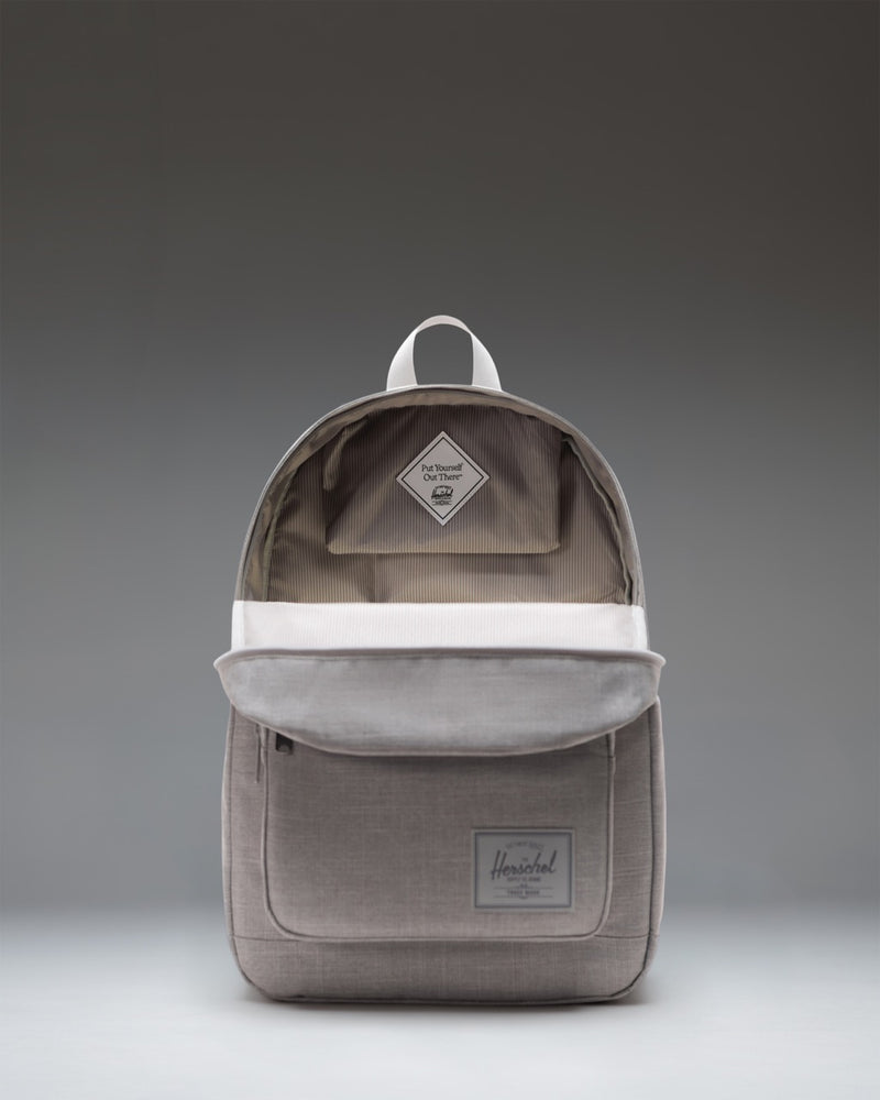 Herschel Supply Co. Pop Quiz Backpack in Grey Crosshatch showing the front pocket organizer with key clip.