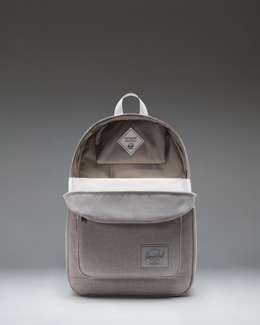 Herschel Supply Co. Pop Quiz Backpack in Grey Crosshatch showing the front pocket organizer with key clip.