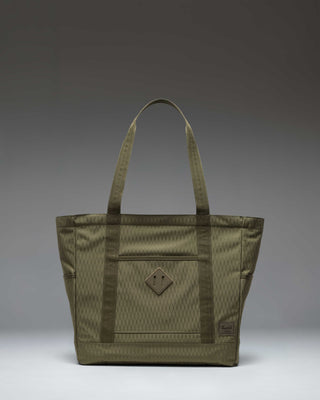 Herschel Heritage Tote in Ivy Green Diamond, featuring a classic design with dual top handles and a signature woven label on the front.