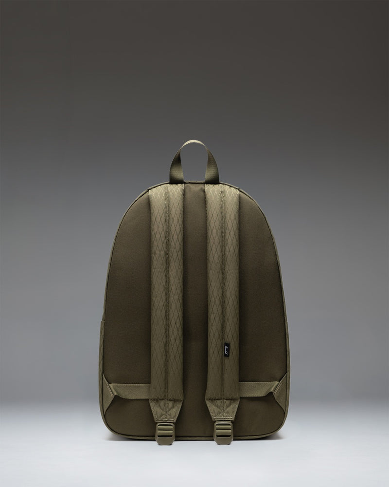Herschel Classic XL Backpack in Ivy Green Diamond showing a close-up of the front storage pocket, key clip, and zipper detail.