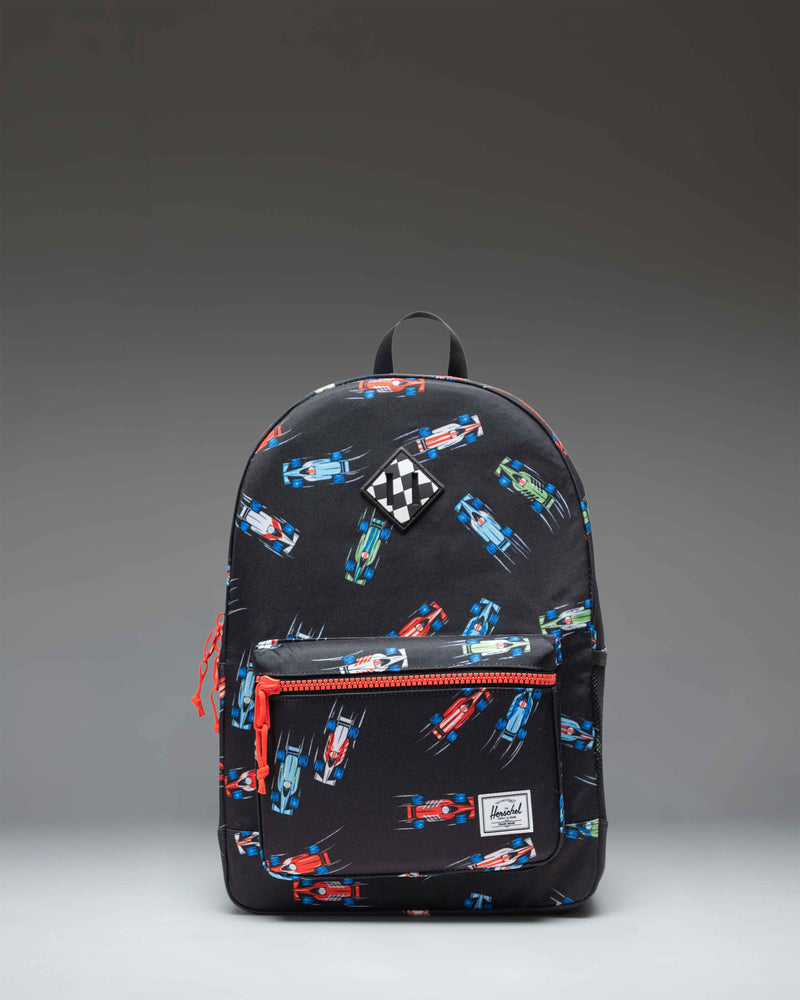 Herschel Heritage Youth Backpack in Race Cars pattern.