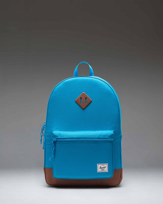 Herschel Heritage Youth Backpack in Hawaiian Surf blue with Saddle Brown diamond accent and straps.