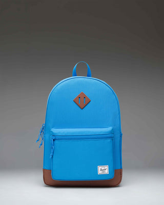 Herschel Heritage Youth Backpack in French Blue with Saddle Brown details, featuring a front storage pocket.