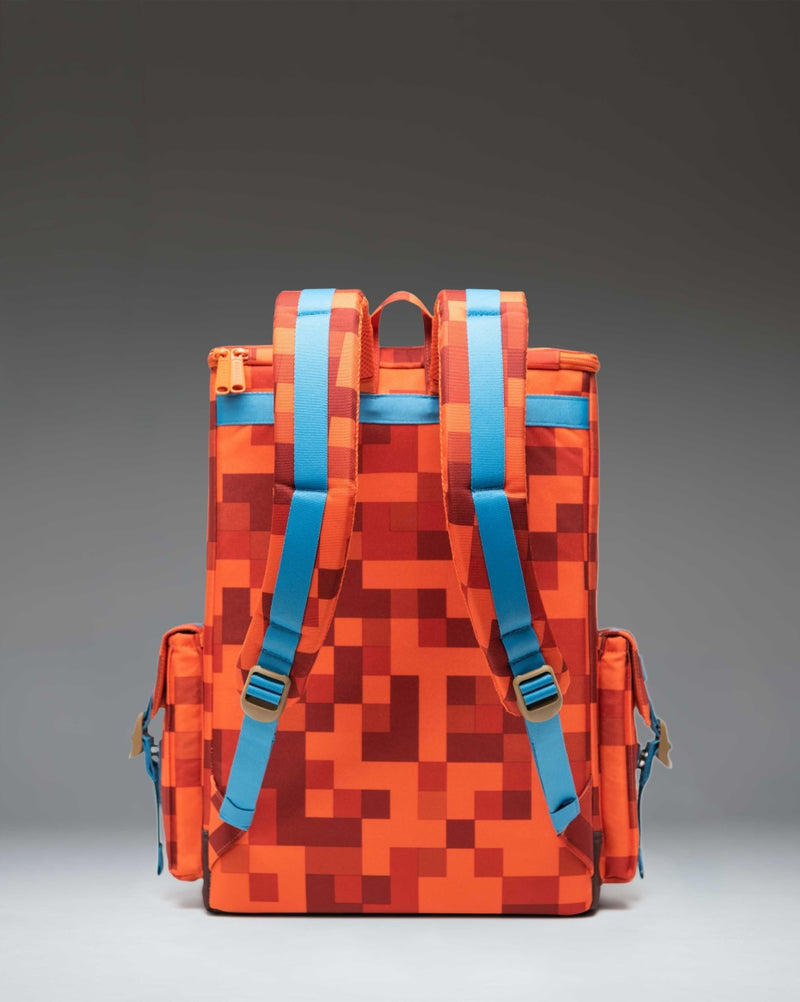 Minecraft Herschel Little America Cube Backpack in Orange Block pattern, featuring a pixelated design with brown straps.