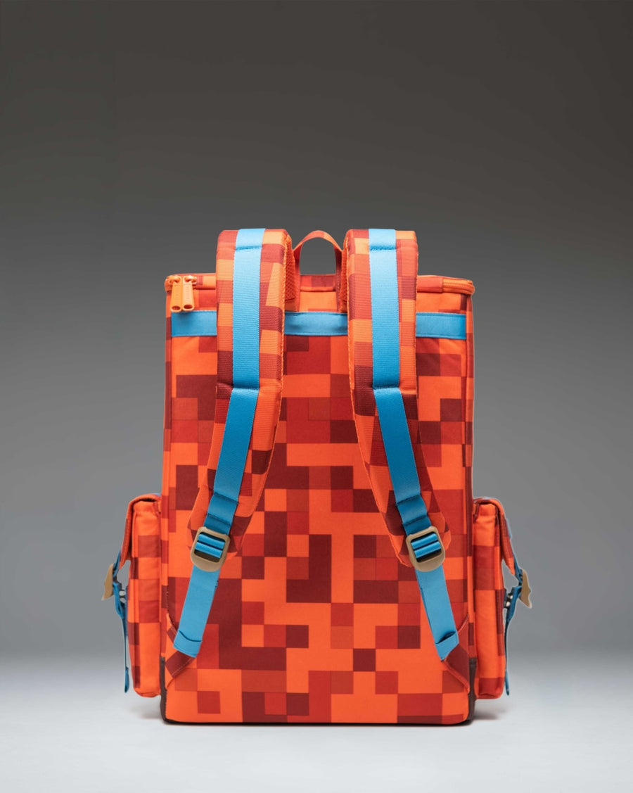 Minecraft Herschel Little America Cube Backpack in Orange Block pattern, featuring a pixelated design with brown straps.
