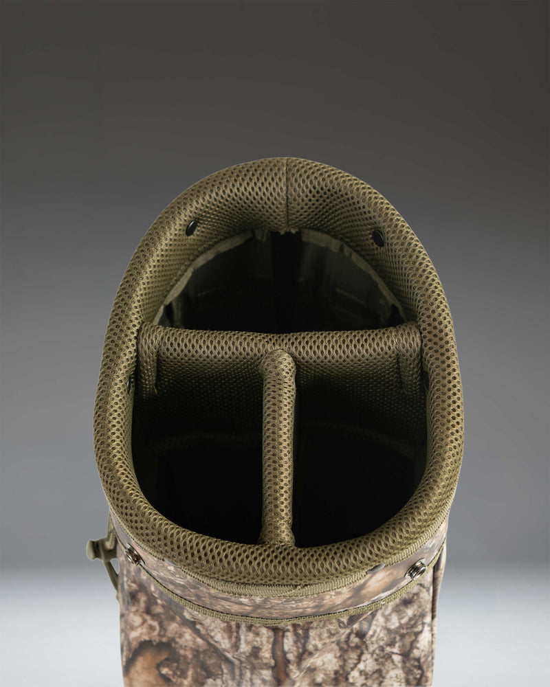 Realtree Herschel Watt Sunday Bag in Realtree APX Camo, showing a detailed view of the lightweight golf bag.