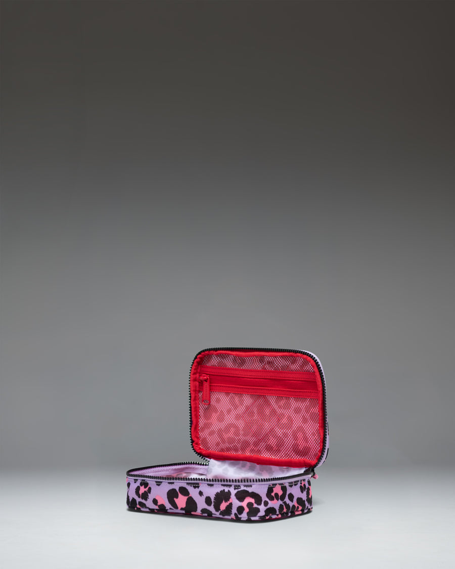 Herschel Heritage Pencil Case Little Herschel in Scribble Leopard Sachet Pink pink leopard print pencil case with a black handle and a red logo patch