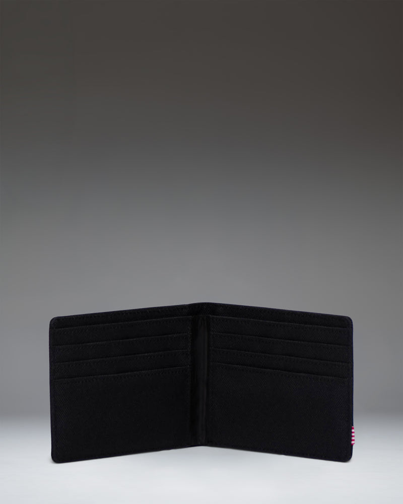Herschel Supply Co. Roy Wallet in black, showing the classic bi-fold design and woven brand label on the front.