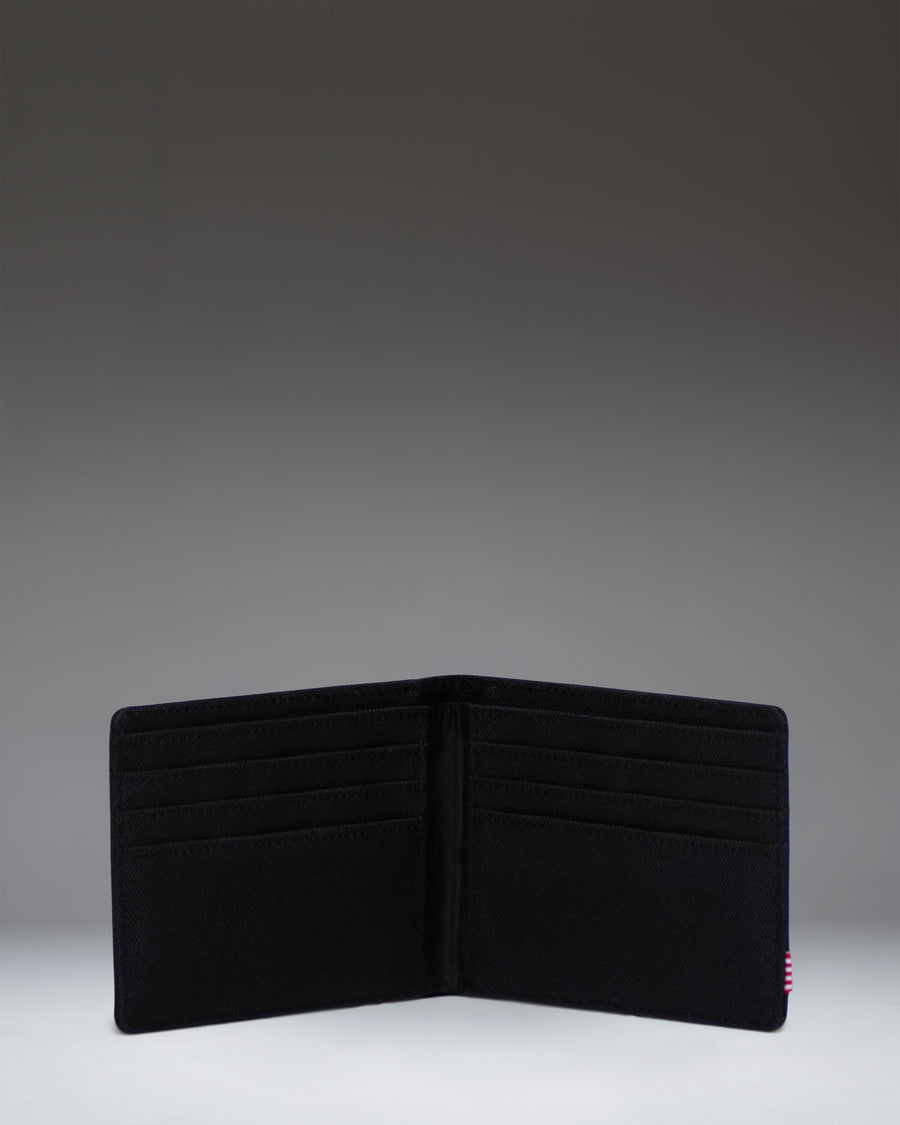 Herschel Supply Co. Roy Wallet in black, showing the classic bi-fold design and woven brand label on the front.