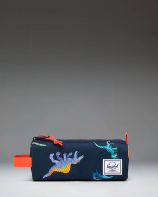 Herschel Supply Co. Settlement Pencil Case Little Herschel in the Water Colour Dinosaurs Darkest Navy pattern, featuring colorful dinosaur prints.