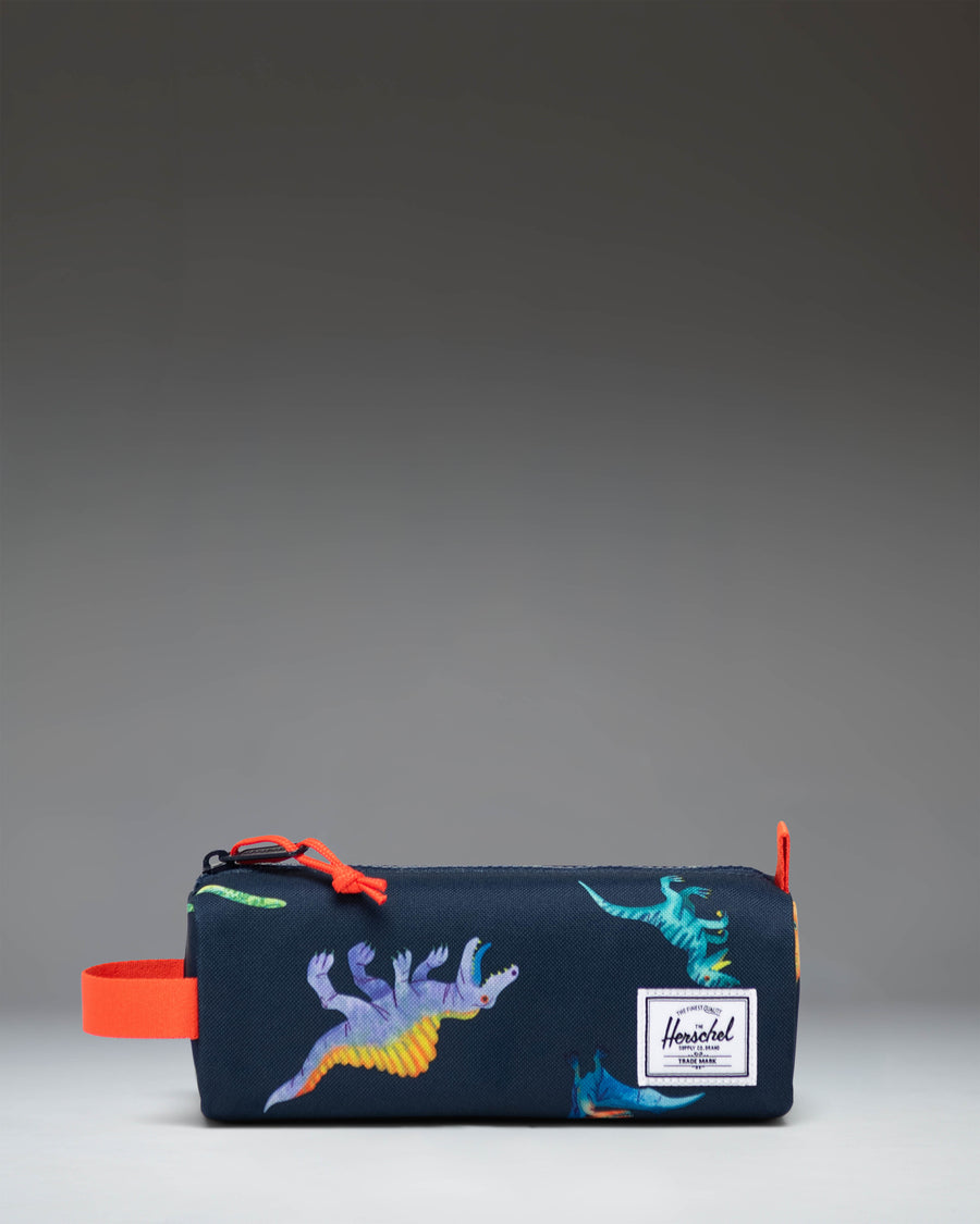 Herschel Supply Co. Settlement Pencil Case Little Herschel in the Water Colour Dinosaurs Darkest Navy pattern, featuring colorful dinosaur prints.