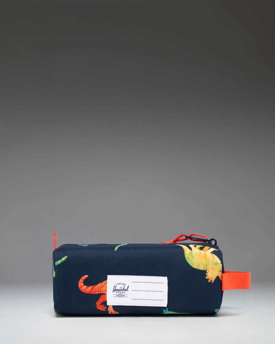 Herschel Settlement Pencil Case Little Herschel in Water Colour Dinosaurs Darkest Navy print, featuring colorful dinosaur illustrations.