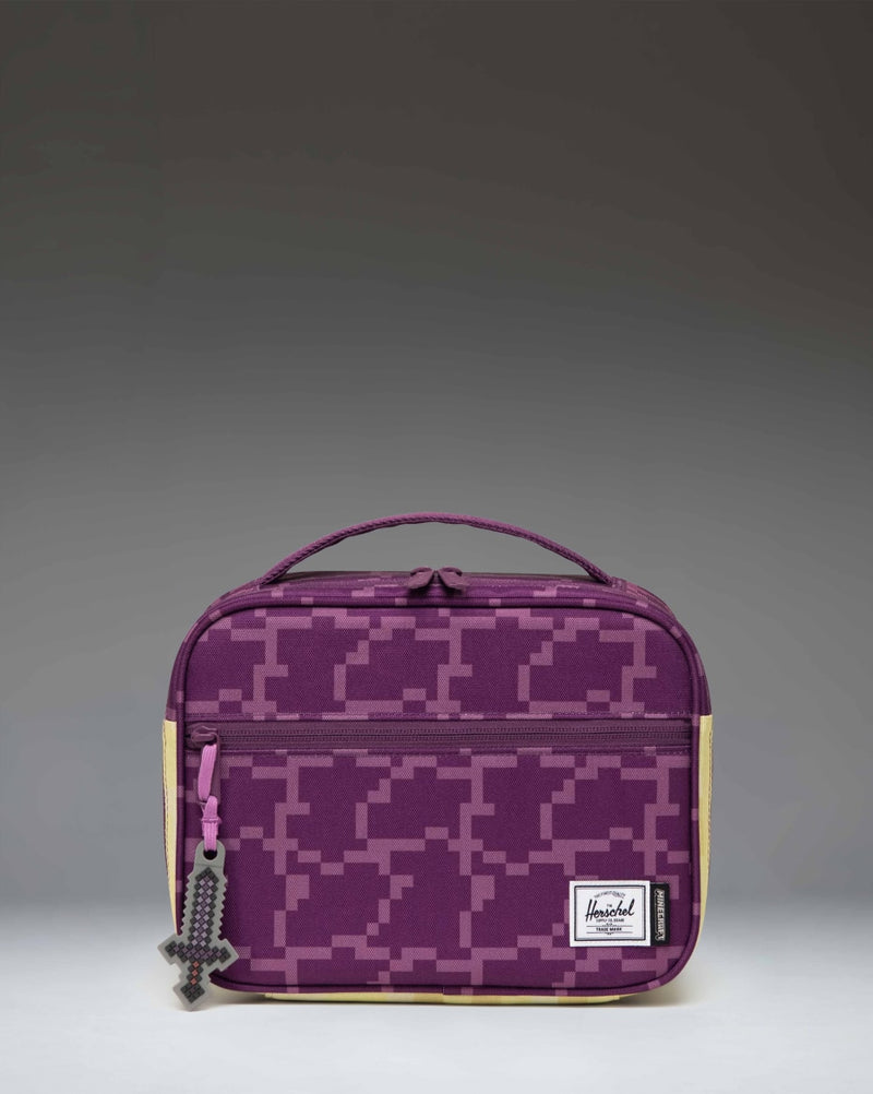 Herschel Supply Co. Minecraft Pop Quiz Lunch Box in The End colorway featuring dark purple graphics and Enderman design elements.