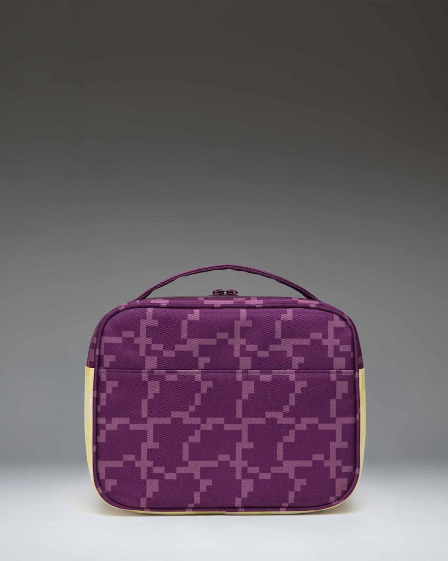 Herschel Supply Co. Minecraft Pop Quiz Lunch Box in The End colorway, showing the interior insulated lining and mesh pocket.