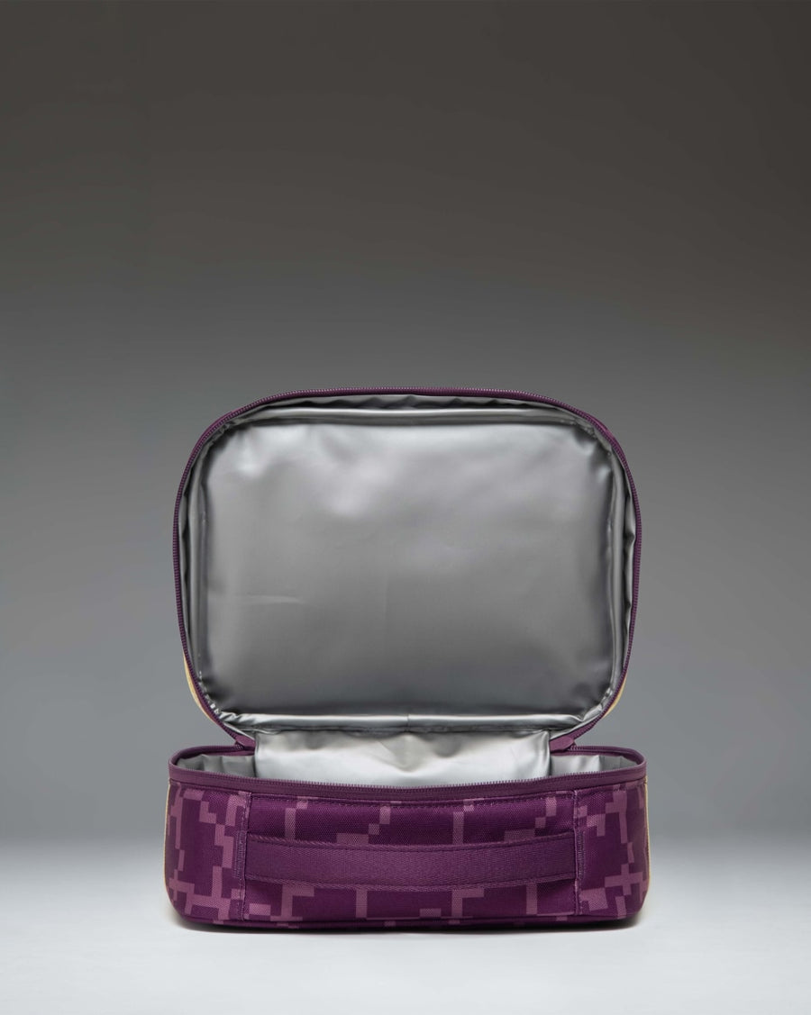Herschel Supply Co. Minecraft Pop Quiz Lunch Box in The End colorway, featuring a pixelated purple design with an insulated interior.