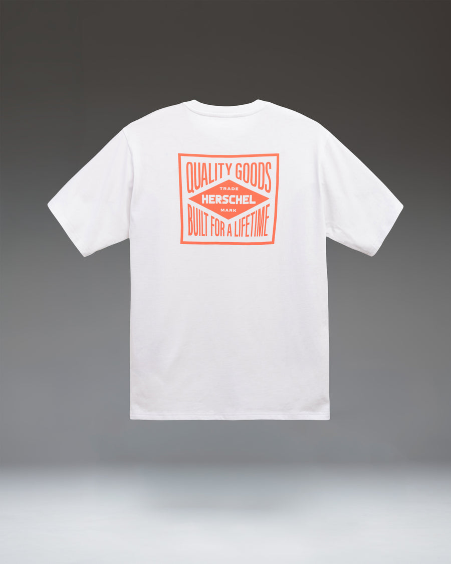 Size guide chart for the Herschel Supply Co. Men's Stamp Tee in White, showing measurement details for all available sizes.