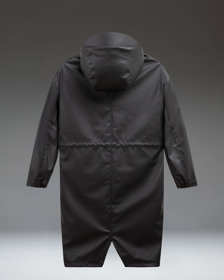 Herschel Supply Co. Skeena Rain Jacket in Black, featuring a long, relaxed fit with an adjustable hood and waist cinch for weather protection.
