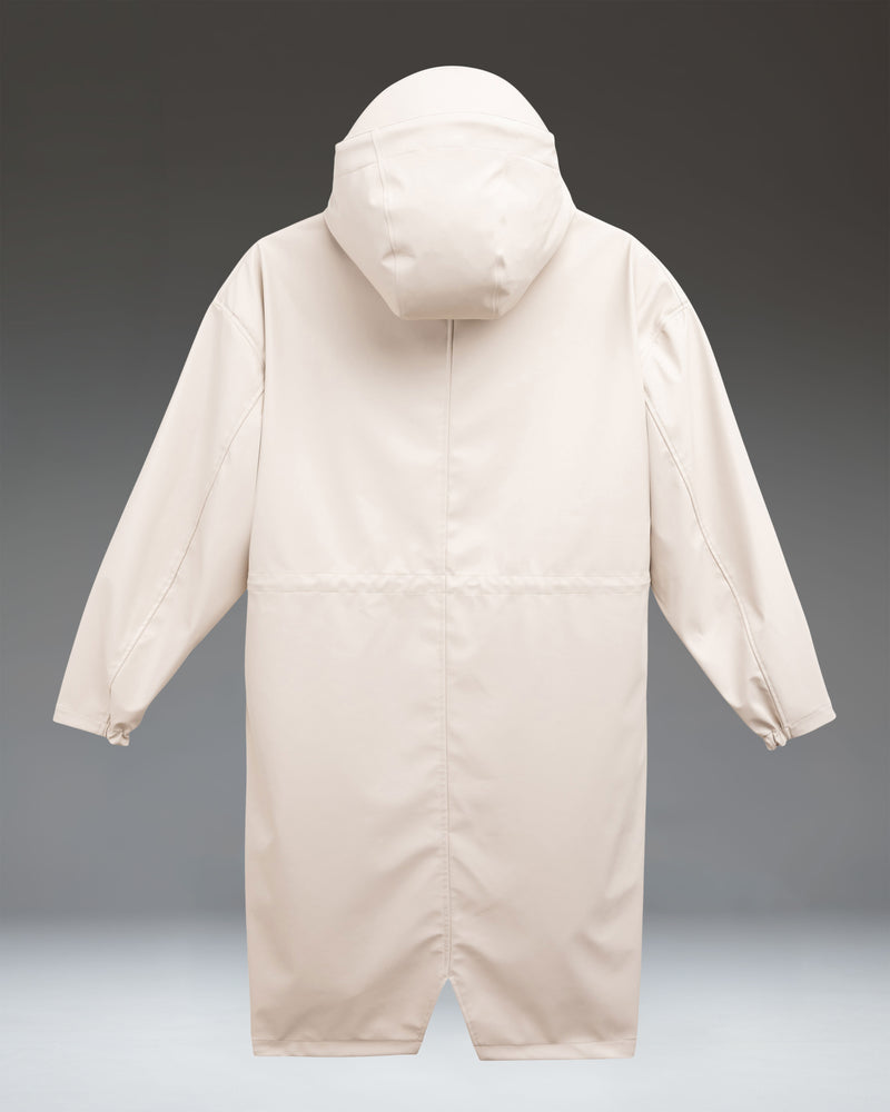 Herschel Supply Co. Skeena long rain jacket in Moonbeam off-white, featuring a hooded, water-resistant design with a relaxed silhouette.