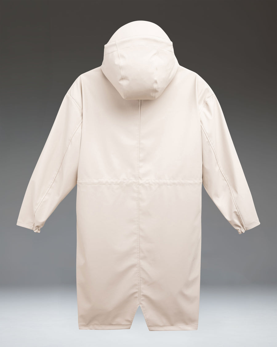 Herschel Supply Co. Skeena long rain jacket in Moonbeam off-white, featuring a hooded, water-resistant design with a relaxed silhouette.