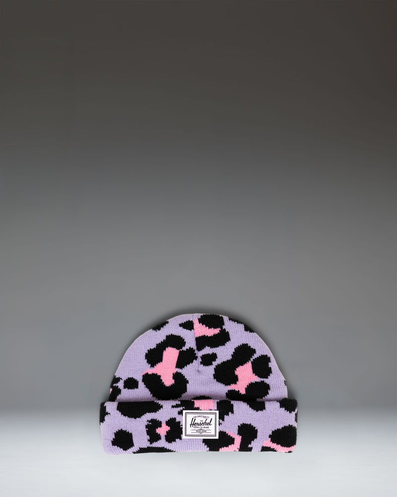 Herschel Supply Co. Elmer Baby Graphic Beanie 0–6 Months in Scribble Leopard Sachet Pink, featuring a pink knit hat with a black leopard print.