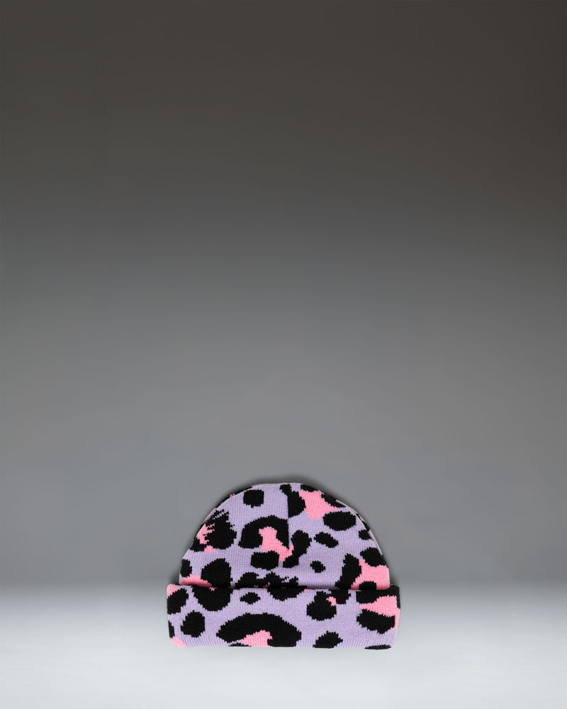 Herschel Supply Co. Elmer Baby Graphic Beanie in Scribble Leopard Sachet Pink, featuring a pink leopard print pattern and a folded cuff.