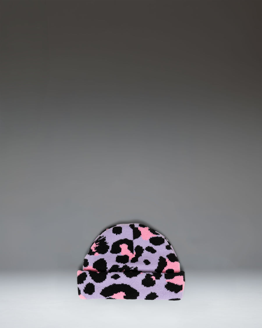 Herschel Supply Co. Elmer Baby Graphic Beanie in Scribble Leopard Sachet Pink, featuring a pink leopard print pattern and a folded cuff.