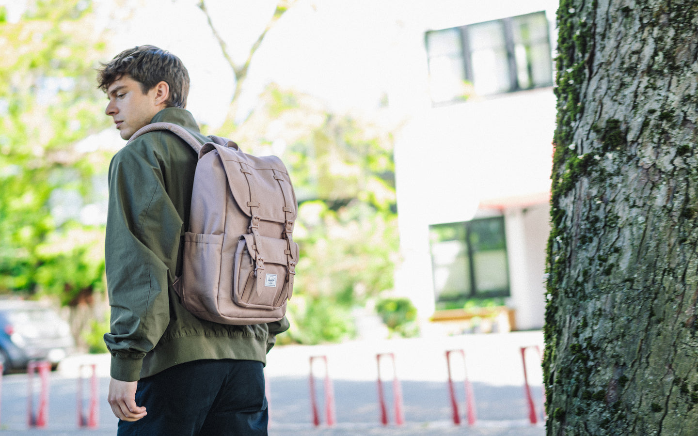 Herschel Little America Mid Backpack in Ash Rose pink, featuring brown rubber straps with magnetic pin clips and a woven label.