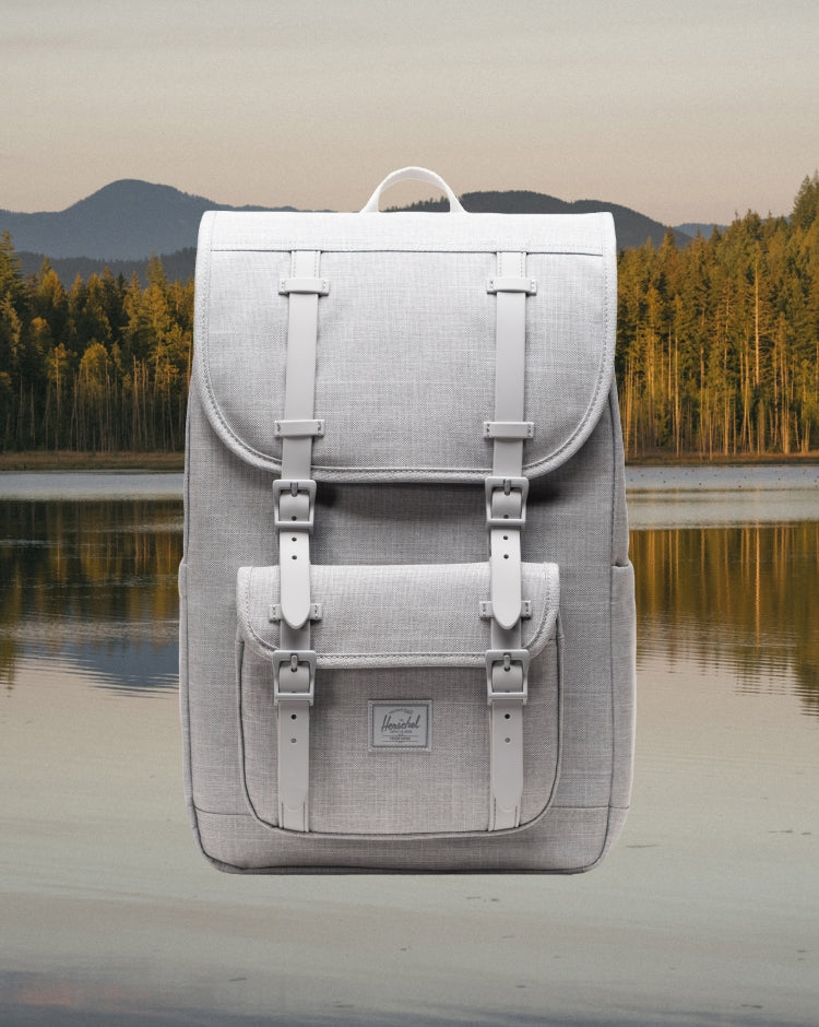 Front view of the Herschel Little America Mid Backpack in Grey Crosshatch.
