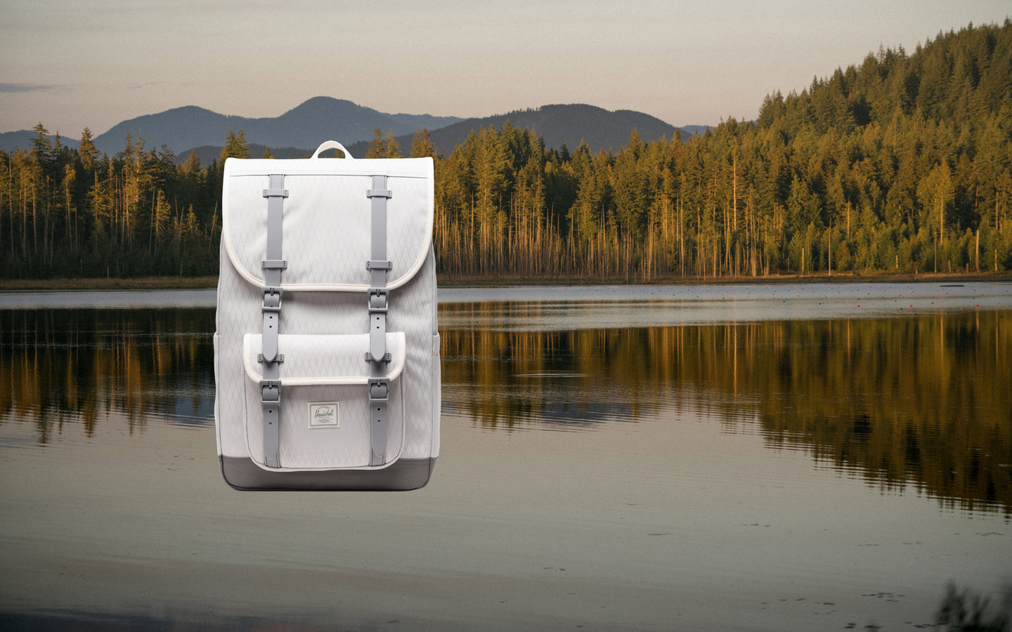 Herschel Little America Mid Backpack in Vapor Diamond and Charcoal Gray stripes, showing a front view with rubber straps and a front pocket.